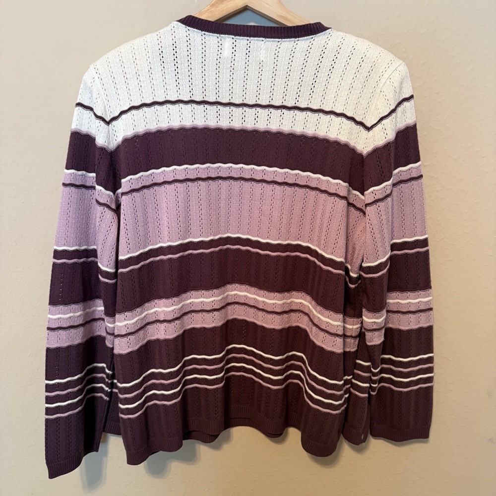 Alfred Dunner Women’s Size XL Faux Twinset Sweater Purple White Striped Cardigan - Picture 4 of 7